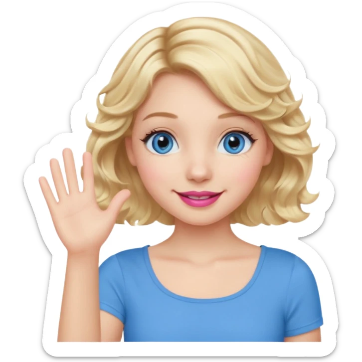 Girl Blonde short wavy hair,  blue eyes, cute blue top, long lashes, pink lips, smiling, waving hello  sticker