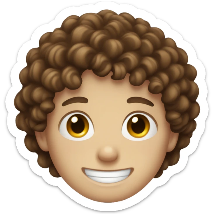 White teen boy with freckles, blue eyes, curly brown hair, and a big smile sticker