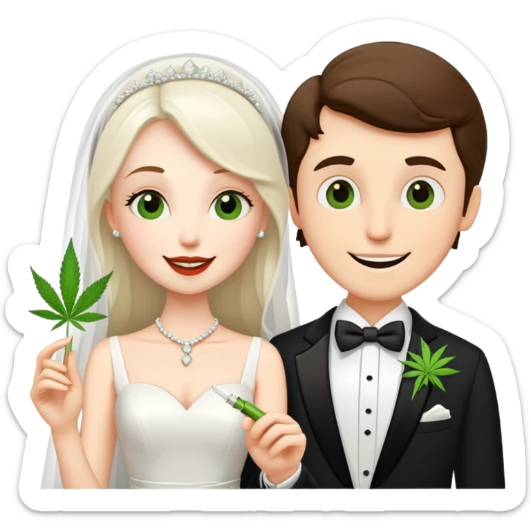 Bride in white dress and groom in tuxedo sharing a cannabis joint, cheerful cartoon wedding couple sticker