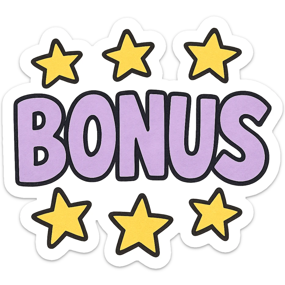 the word BONUS in large letters, all the same vibrant color, surrounded by stars, no background or sign behind, just the letters and stars, vibrant cartoon style QUIERO EXACTAMENTE IGUAL SOLO QUE LAS LETRAS DEBEN SER VIOLETA PASTEL Y LAS ESTRELLAS AMARILLAS sticker