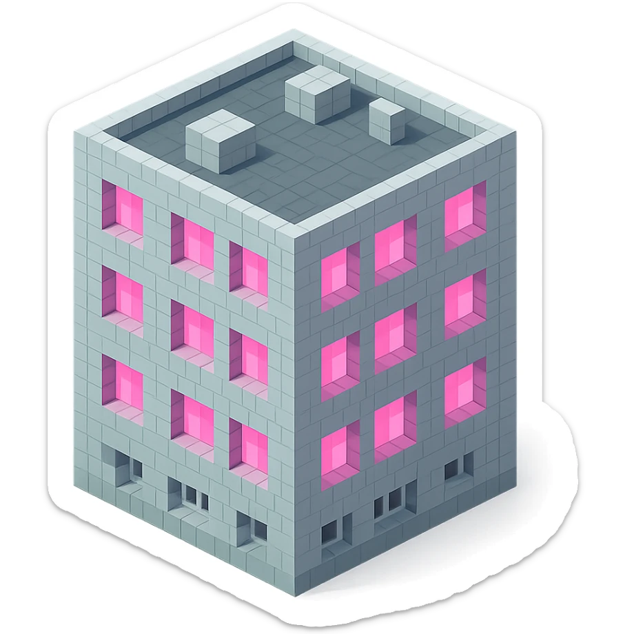 Russian panel apartment building, square block shape, light gray concrete, windows glowing pink, isometric view sticker