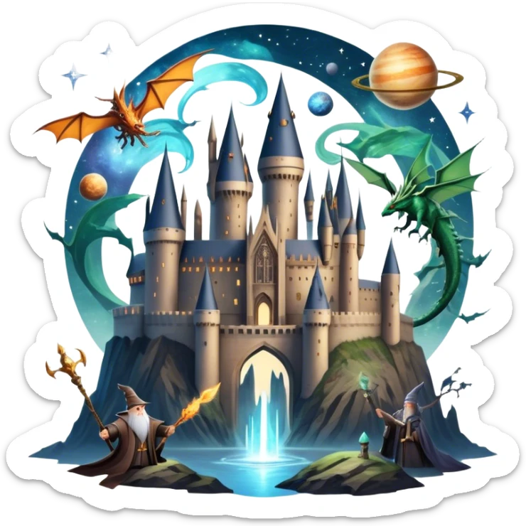 Icon for Fantasy and Sci-Fi Movies: A magical collage with flying dragons and futuristic spaceships. Stars and planets shimmer in the background with a mystical castle Hogvards and an ancient wizard holding a staff. The atmosphere is epic, otherworldly and adventurous. Transparent background. sticker