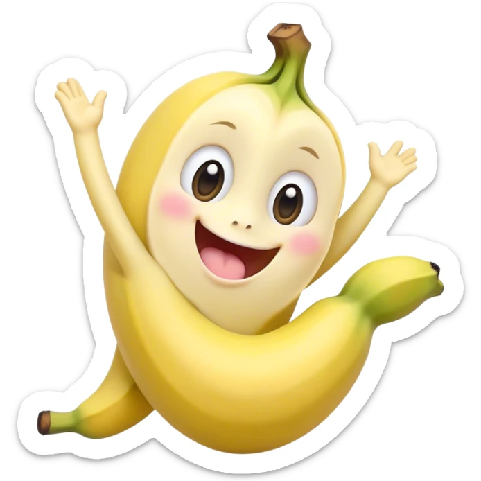 Cute Kawaii Banana, slightly curved, soft pastel yellow, cute giggling face with big round eyes, tiny arms waving happily, a peeled section revealing a smiling expression! sticker