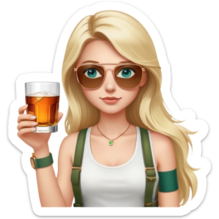girl with long blond hair
with blue eyes
and aviator sunglasses
wearing white tank top 
holding a glass of whiskey 
wearing rose gold apple watch with forest green band  sticker