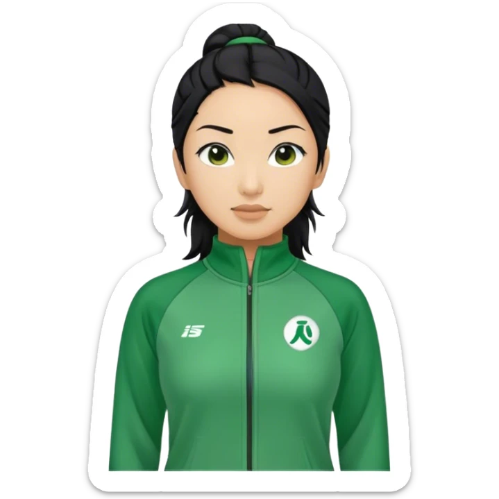 Cha: Age 45, a Asian old woman with black hair tie, Green player tracksuit sticker