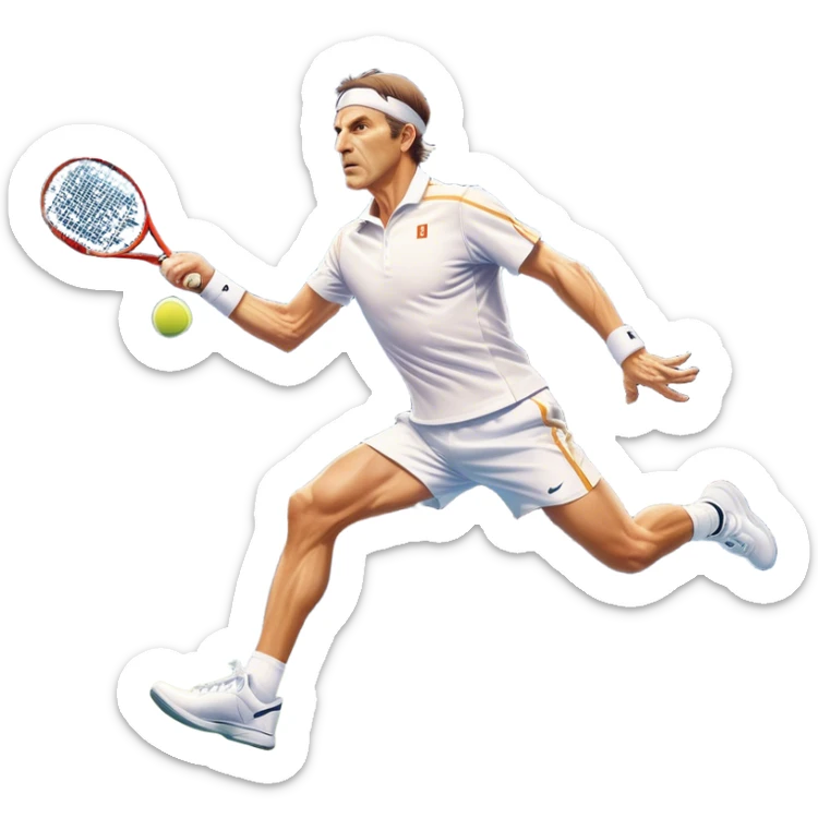 Cinematic Realistic portrait of Goran Ivanišević, depicted as an iconic tennis player in dynamic motion with detailed athletic gear and intense focus, illuminated by bold stadium lighting that accentuates his competitive spirit. sticker