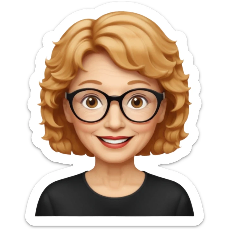 woman 70 years old, very short strawberry blonde weavy hair, brown eyes and round dark glasses smile sticker