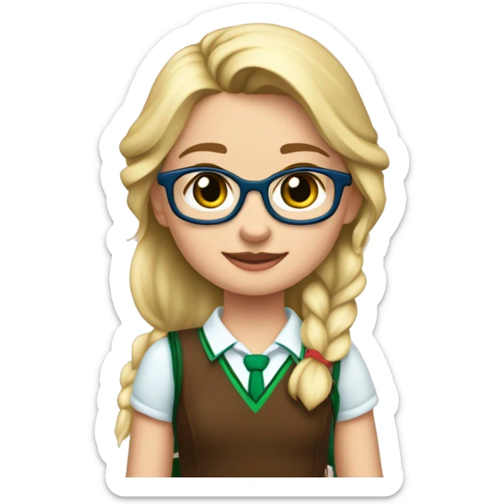 niña rubia, con pelo liso, con ojos azules, con gafas rosas y con uniforme de colegio con falda de cuadros verdes y marron, corona de frozen sticker