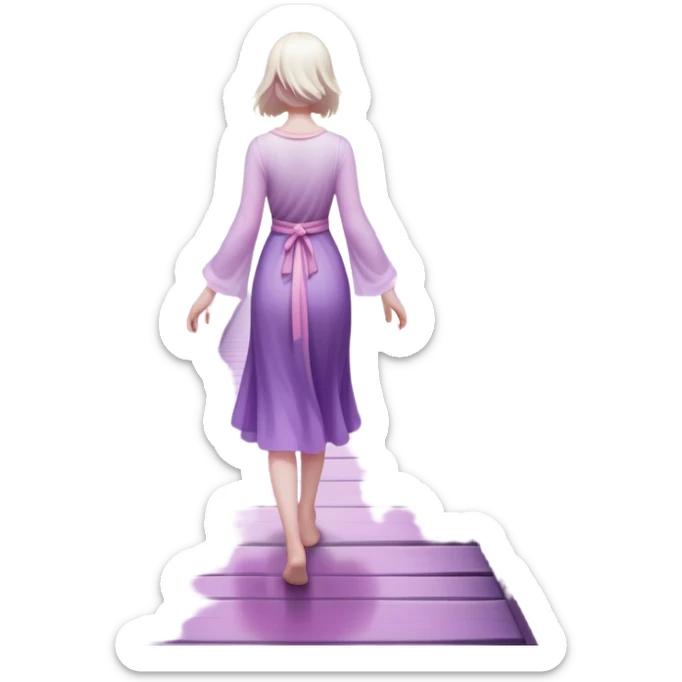 A small figure walks back across a foggy bridge, holding soft pink and purple orbs in each hand—symbolizing compassion and forgiveness. A gentle heart aura trails behind them, showing healing in motion. sticker
