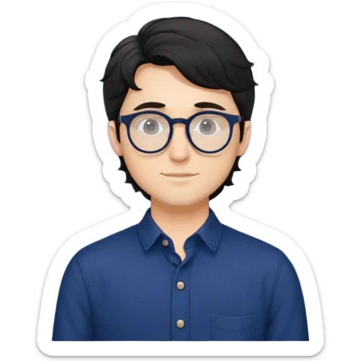 Young caucasian man with slightly longer wavy black hair, round glasses, torso only, wearing dark blue relaxed buttoned-up shirt sticker