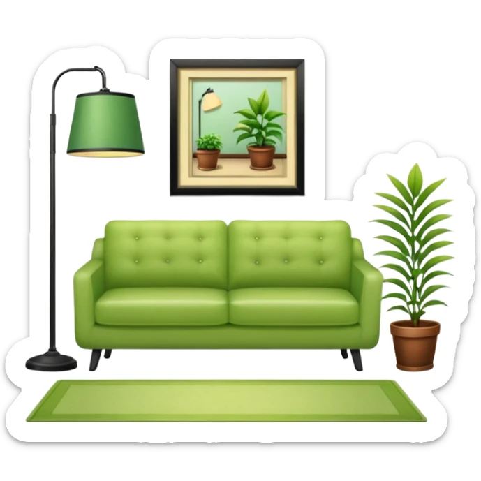 living room in ios emoji style

no TV, and make the couch a light green color

there is a lamp on one side and one plant on the other side. and no picture frame

there is a light colored rug sticker