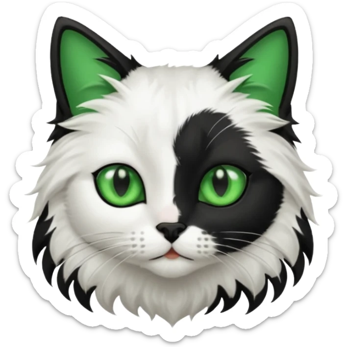 black and white long hair cat. green eyes. black nose. black splotch in the shape of a star near nose (on the right side). sticker