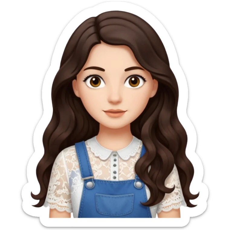create an emoji of Sophie Sheridan in mamma Mia but with dark brown and a half part very long hair with waves and dark brown eyes. she wears a white lacy top and an overall sticker