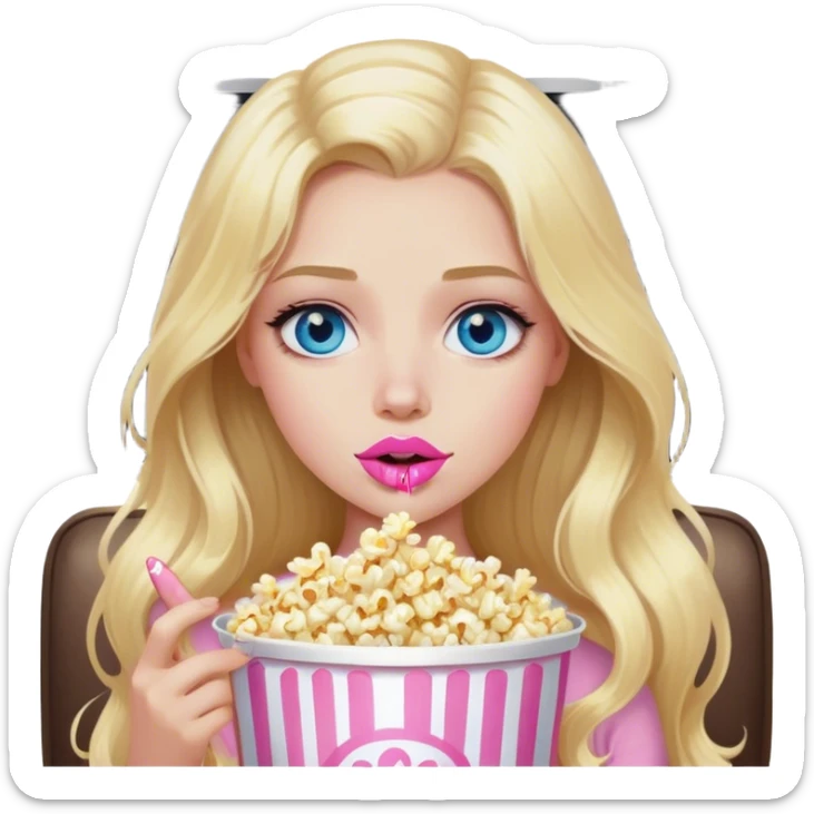 Cinematic realistic blonde with long hair, blue eyes and painted pink lips, watching TV and eating popcorn sticker