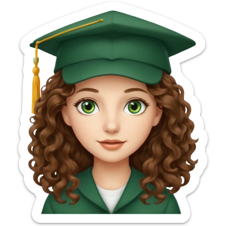 beautiful  woman with wavy-curly long brown hair and green eyes with school hat sticker