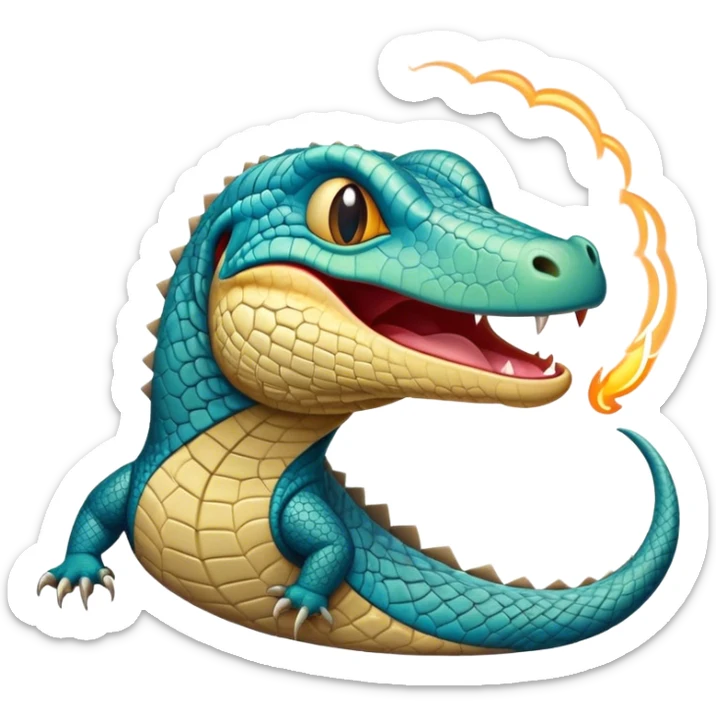 Cinematic Cute Yawning Monitor Lizard Portrait Emoji, Head tilted slightly with a dramatic, wide-open yawn, showcasing textured, patterned scales and sleepy, half-closed eyes exuding relaxed charm, Simplified yet irresistibly adorable features, highly detailed, glowing with a soft, cozy glow, high shine, relaxed yet expressive, stylized with a dash of whimsical wildness, soft glowing outline, capturing the essence of a drowsy yet affectionate reptile that appears ready to stretch out for a nap! sticker