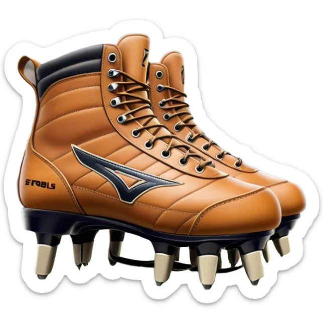 Cinematic Realistic image of a pair of AFL boots, showcasing detailed leather stitching and a rugged sole with fine cleat impressions, captured against a blurred stadium background with high-energy, dynamic lighting sticker