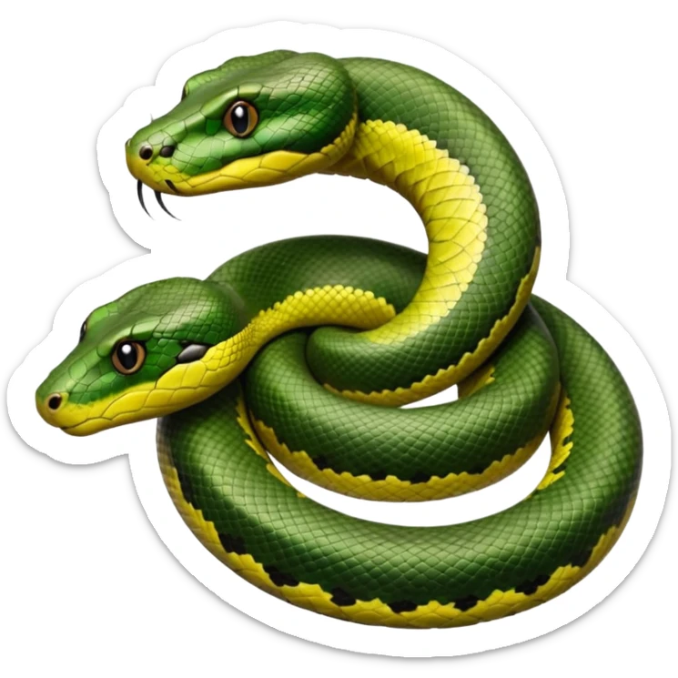 A photo-realistic top-down view of a Green Anaconda tightly coiled in a spiral, with its broad, flat head resting at the center. Its thick, muscular body is olive-green and covered in symmetrical, bold black oval spots that stand out against its smooth scales, creating striking natural camouflage. sticker