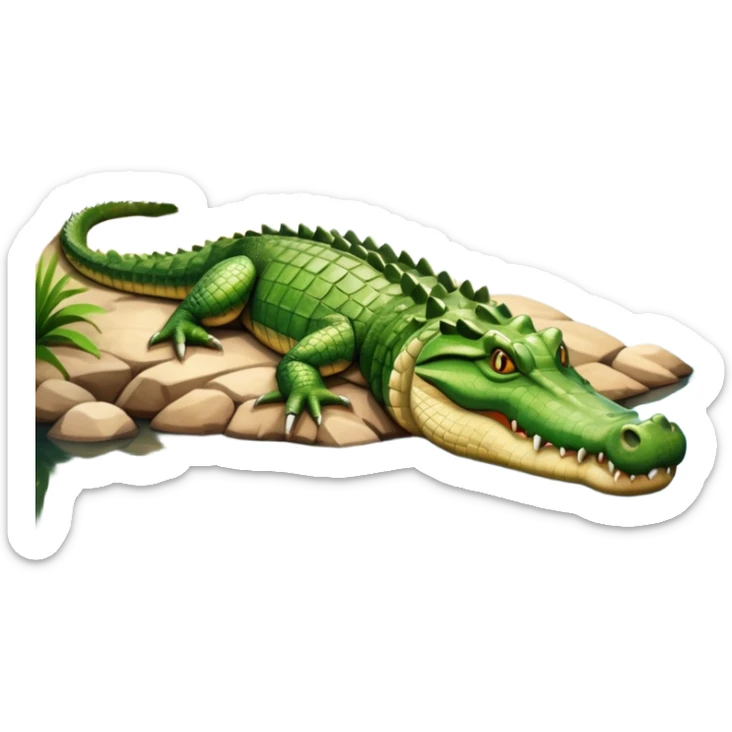 A large crocodile resting on a riverbank, part of its body in water, realistic scales and reflections, natural sunlight. sticker