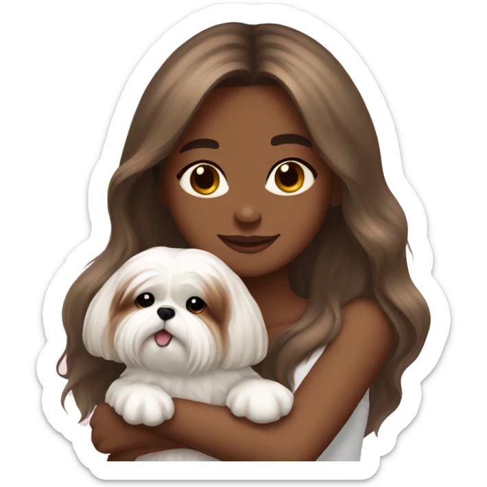 Brown skin girl long hair, hugging her white Shih tzu sticker