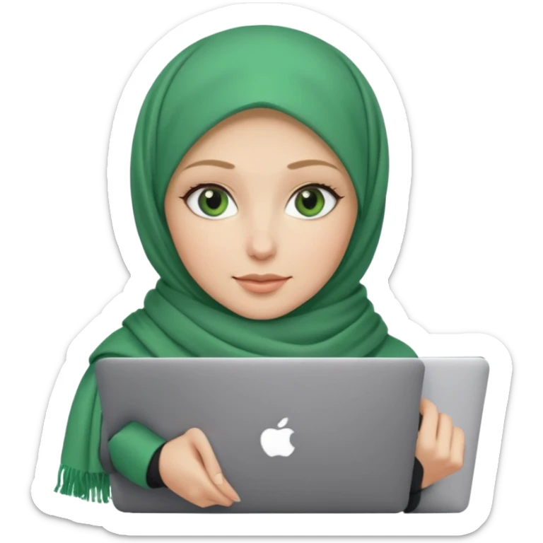 blond women skine , with green eyes , with scarf hijab . with macbook sticker