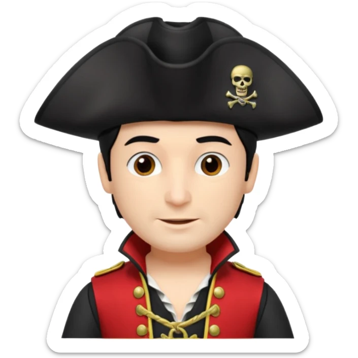 Captain Feathersword of The Wiggles with light skin, brown eyes, black hair, black pirate hat, white pirate shirt with red vest sticker