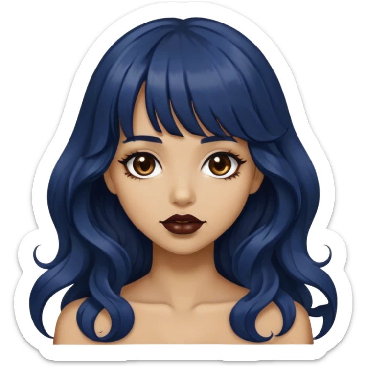 tan girl with very long dark blue wavy hair, bangs, brown lipstick and dark brown eyes  sticker