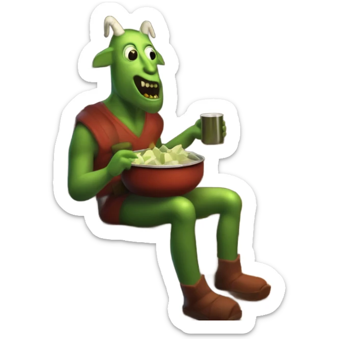Pickle man in a cabin drinking a pot of goat cheese with his Demonic creature pet warming itself by the fireplace  sticker