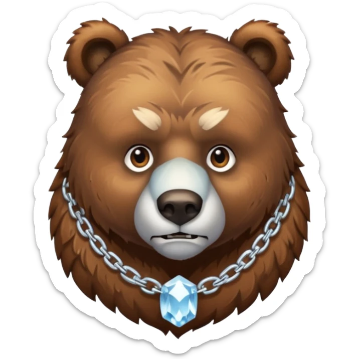 Fierce brown bear walking on four paws with an ice chain necklace, frozen chain links made of crystal clear ice, serious face sticker