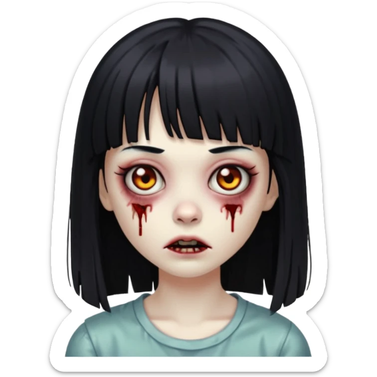 Emoji de uma garota zumbi com os cabelos longos, lisos e pretos. Ela usa uma franja curta. sticker