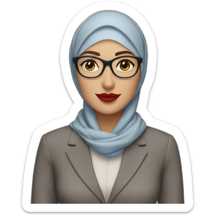 Hijabi white woman with glasses and brown eyes wearing a blue suit and red lipstick sticker
