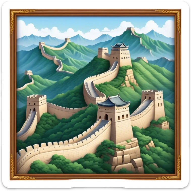 Cinematic Realistic Great Wall of China Landmark Emoji, depicted as ancient fortifications winding across majestic mountains, rendered with intricate detail and dramatic lighting. sticker
