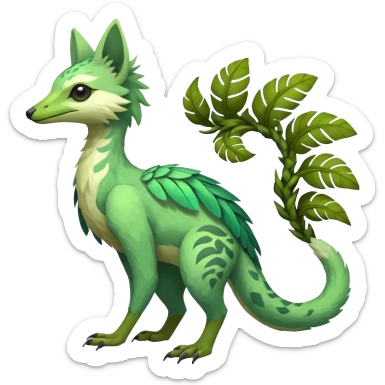  Tropical feathery shamanic cultural Greenish beautiful handsome gorgeous aesthetic colorful vibrant Vernid-Trico-species-Fakemon-creature by LiLaiRa, 4 legs, 1 tail, random markings, (full body) sticker