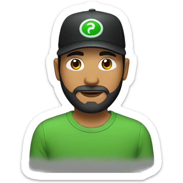 brown man with a dark beard, dark eyes, green t-shirt and a black cap sticker