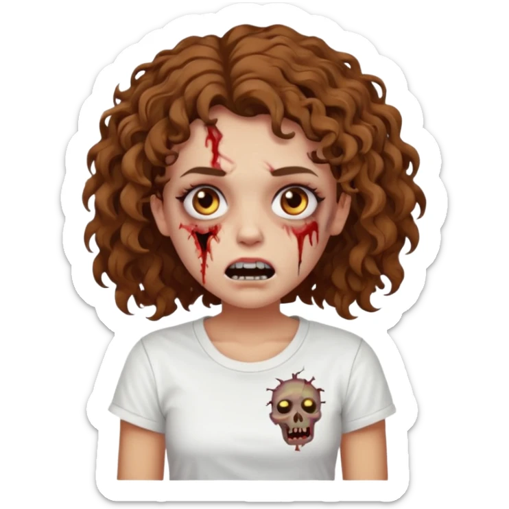 Zombie girl with curly brown hair como emoji de iphone y con la boca un poco lastimada haz que tenga una simple remera blanca puesta sticker