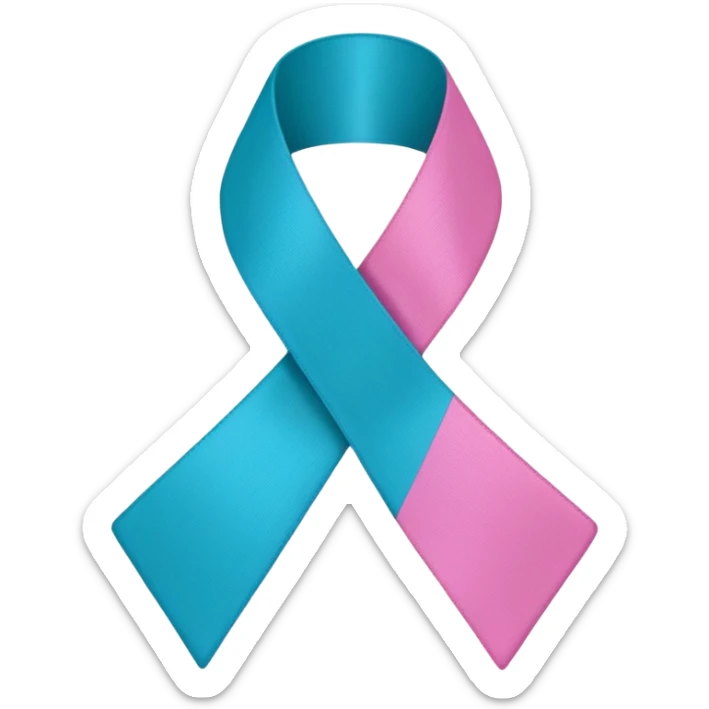 Thyroid cancer ribbon which has a blue strand, a pink strand and teal at the top where the ribbon crossed over sticker