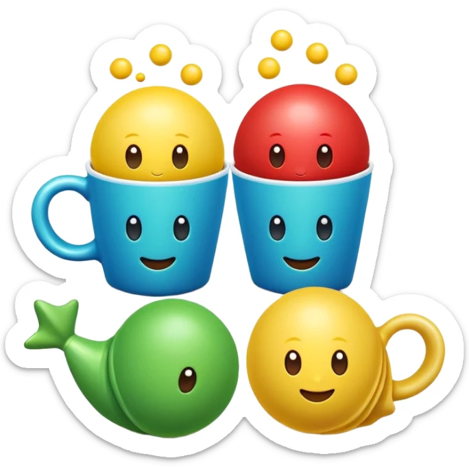 Cute 3D cartoon emoji sticker of a cup and ball shell game with three glossy plastic cups (blue, green, red) and a yellow ball, soft lighting, smooth shadows, playful, white sticker outline, transparent background, high resolution. sticker