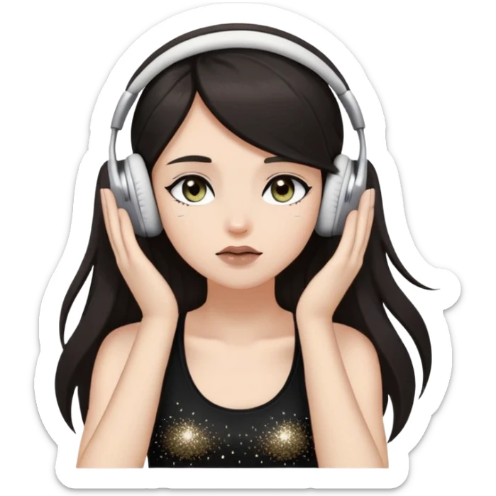 Girl with long dark hair, fair skin tone, wearing a black tank top, has glitter on her eyelids, and taupe lipstick, wearing white headphones, her hands are on her ears, and her hazel eyes are slightly close sticker