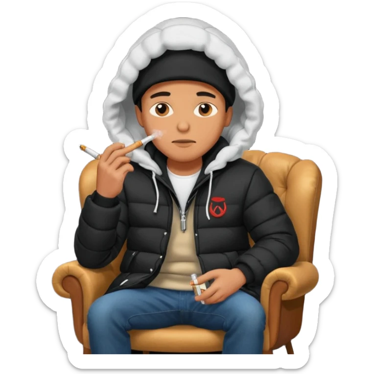 A man sitting on a chair, wearing a black puffed coat with hood, hands in his pocket, smoking a cigaret, he is on a chair i sticker