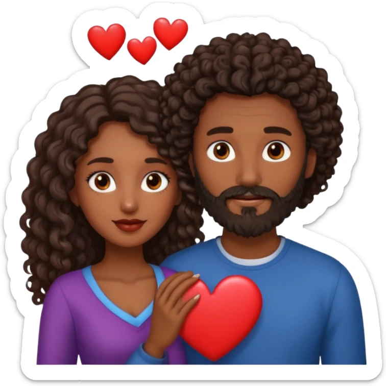 pareja de Mujer morena rizada cabello largo castaño ojos oscuros y hombre piel blanca con caballo oscuro con barba y ojos marron alrededor de la pareja corazones sticker