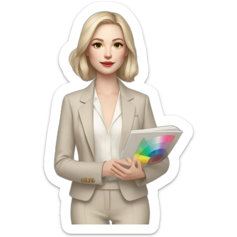 pale skin woman with ash blonde Straightened bob Hair, White Spacious classical jacket, beige palazzo Arrow pants and gray blouse holding a color palette in the hands sticker