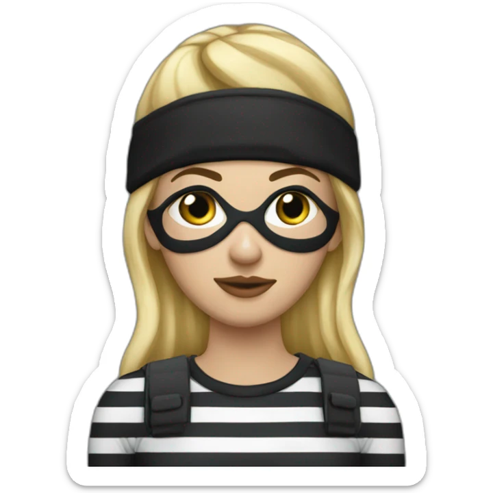 bank robber blonde woman with black beanie hat eye mask and striped shirt sticker