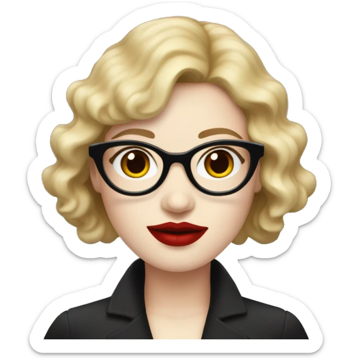 Woman with red wavy bobcut and black cateye glasses, pale skin and red lipstic sticker