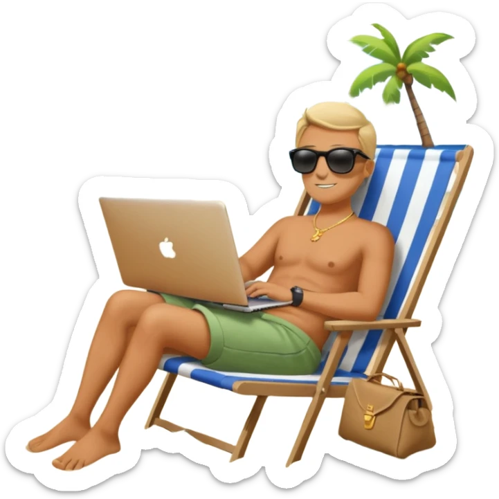 Emoji-style person relaxing on beach chair with laptop and money bag, “$20K” written in sand, sky gradient background, calm and successful tone sticker