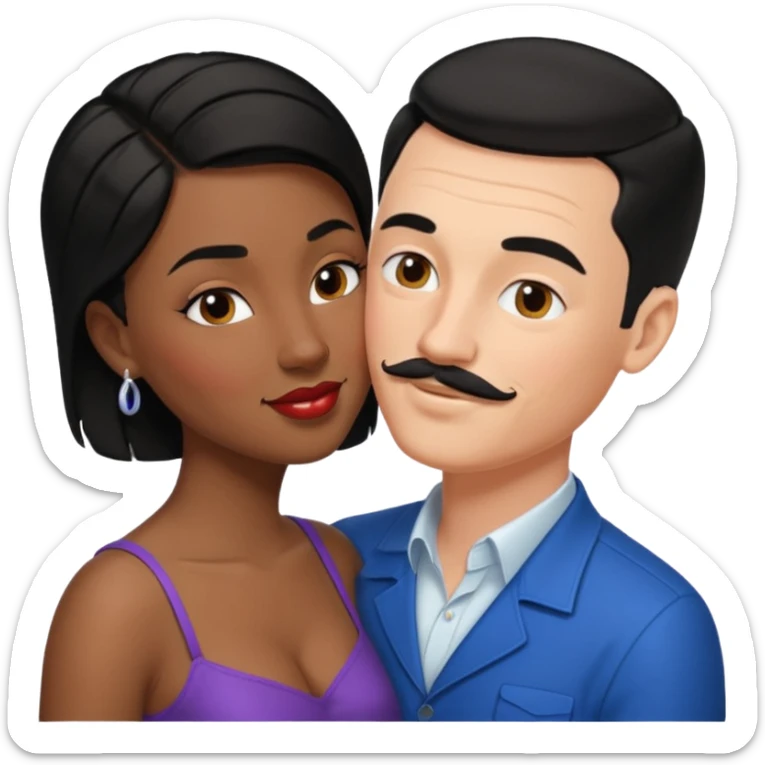white man, black hair, slicked back, mustache kissing black woman with short black hair emoji sticker
