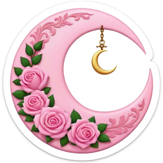 A round pink button with a crescent damask moon and pink roses in the center sticker
