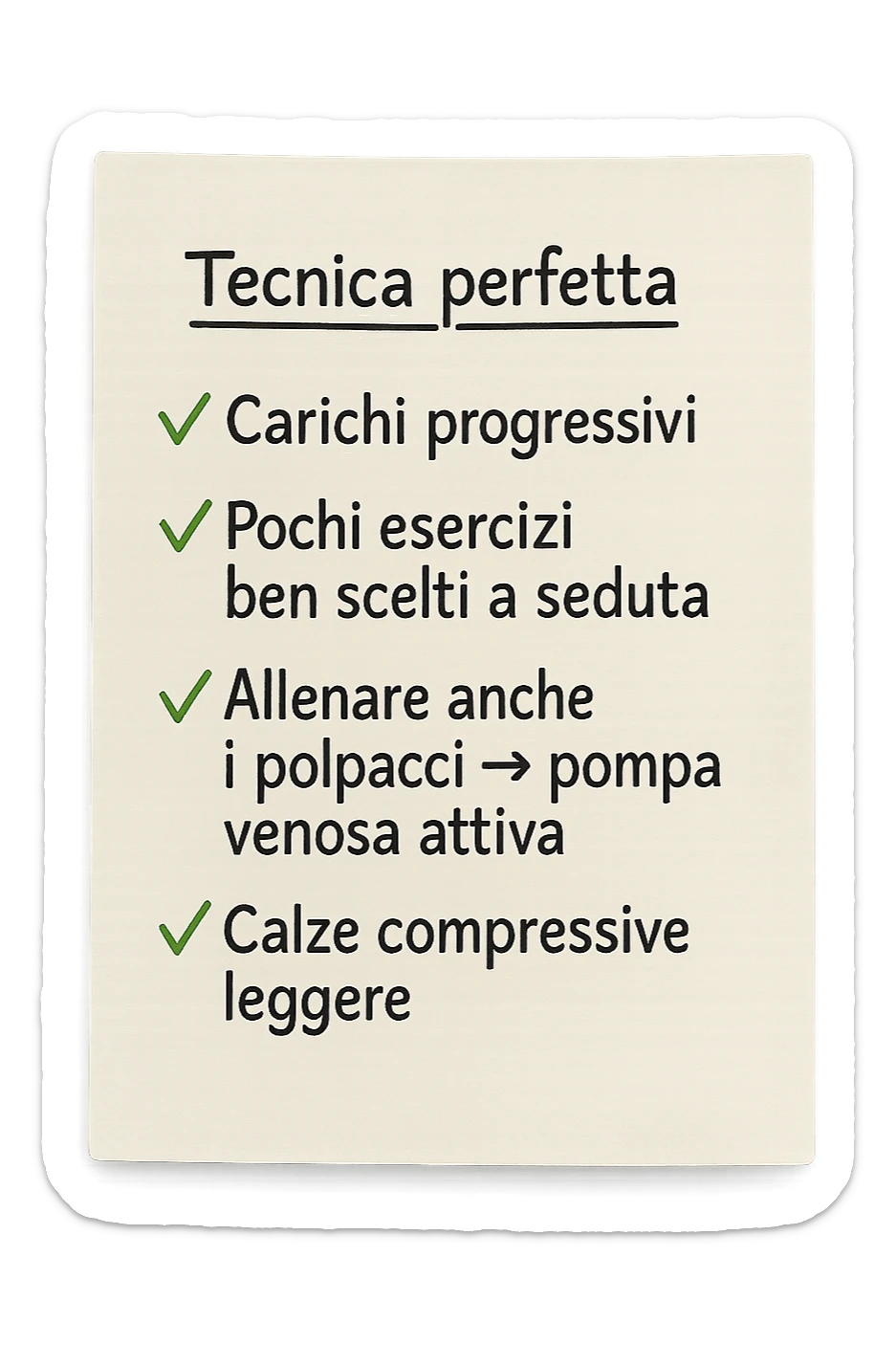 FOGLIO DI CARTA PER L'ALLENAMENTO IN PALESTRA CON LA SCRITTA "Tecnica perfetta
 ✅ Carichi progressivi
 ✅ Pochi esercizi ben scelti a seduta
 ✅ Allenare anche i polpacci → pompa venosa attiva
 ✅ Calze compressive leggere" , IPERREALISTICA 4K sticker