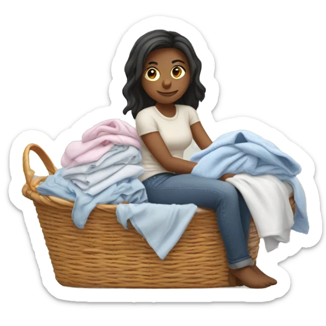 Girl laying on tall pile of laundry in a basket sticker