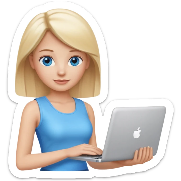 3D Apple-style emoji of a blonde woman with bright blue eyes,
wearing a white sleeveless top,
holding a silver laptop,
clean white background, smooth rounded design
 sticker