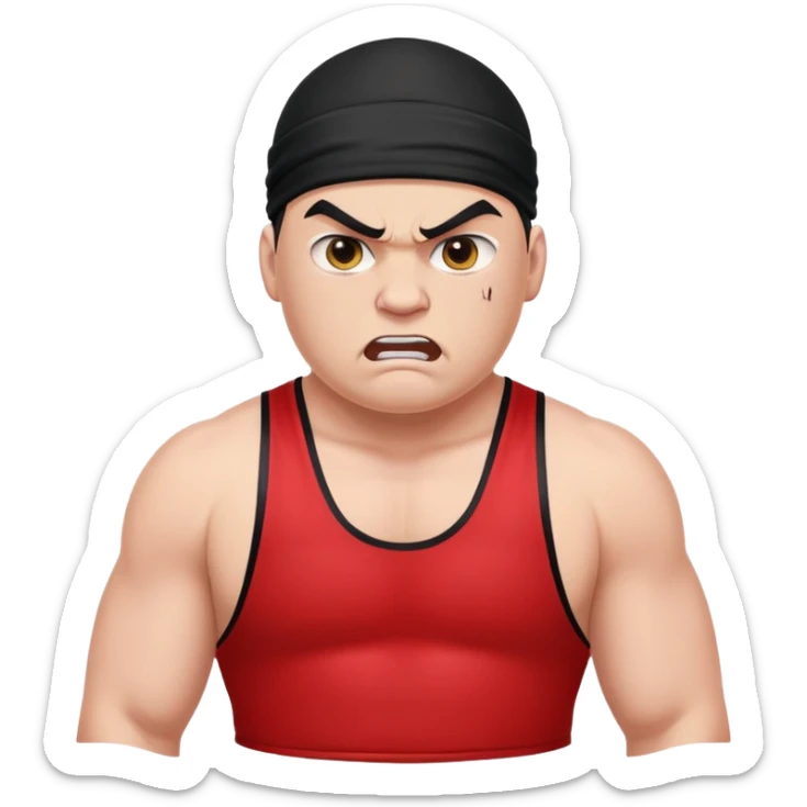 Close-up of white skin fat guy with young face, no muscle with prominent black durag, completely shaved face, no beard or mustache, black eyes in a red and black wrestling singlet with angry face sticker